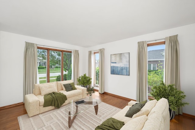 living area featuring baseboards and wood finished floors