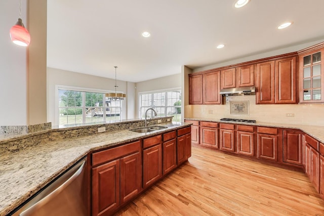 12354 S Blue Water Pkwy, Plainfield, IL 60585 - kitchen featuring stainless steel dishwasher, light wood-style floors, under cabinet range hood, pendant lighting, and recessed lighting