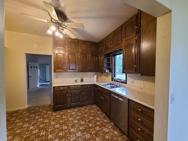 603 7th Ave, Sterling, IL 61081 - kitchen featuring a sink, dishwasher, light countertops, a ceiling fan, and dark brown cabinets