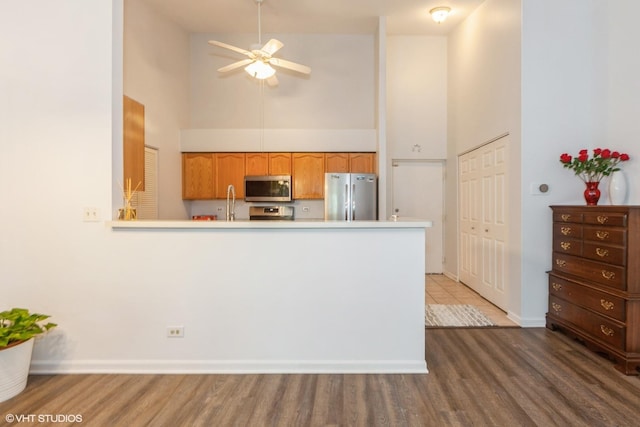 736 N Gary Ave Unit 208, Carol Stream, IL 60188 - kitchen with appliances with stainless steel finishes, high vaulted ceiling, ceiling fan, wood finished floors, and light countertops