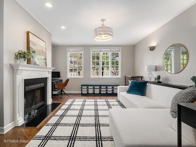 1043 W Wolfram St Unit 1, Chicago, IL 60657 - living area featuring baseboards, wood finished floors, recessed lighting, a fireplace with flush hearth, and crown molding