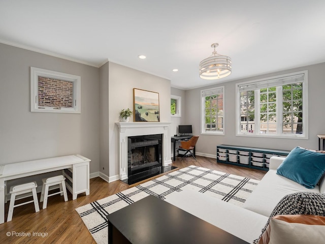1043 W Wolfram St Unit 1, Chicago, IL 60657 - living area with a fireplace with flush hearth, baseboards, wood finished floors, ornamental molding, and a chandelier