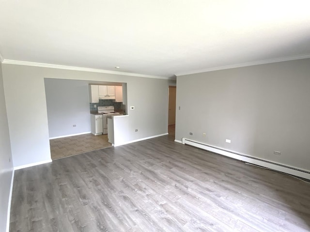 7413 Brookdale Dr Unit 103, Darien, IL 60561 - unfurnished living room featuring crown molding, wood finished floors, a baseboard heating unit, and baseboards
