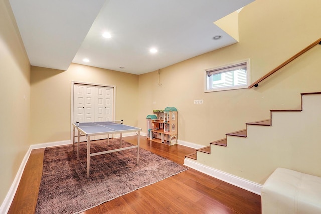 5843 N Oconto Ave, Chicago, IL 60631 - dining room featuring stairs, wood finished floors, baseboards, and recessed lighting