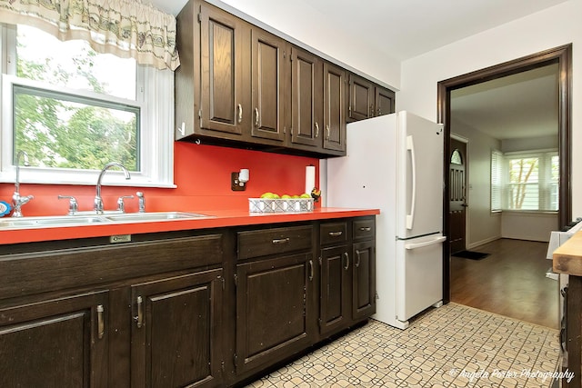 2618 Kashmiri Ave, Mchenry, IL 60050 - kitchen featuring a sink, freestanding refrigerator, and dark brown cabinetry