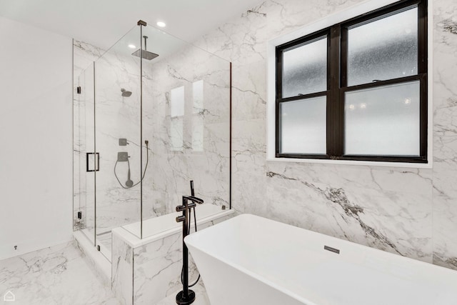 3905 N Drake Ave, Chicago, IL 60618 - full bath with marble tiled flooring, a freestanding tub, a marble finish shower, and recessed lighting