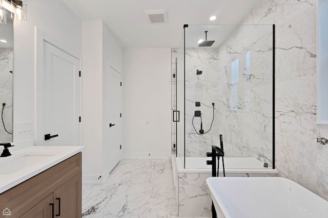 3905 N Drake Ave, Chicago, IL 60618 - full bathroom featuring a marble finish shower, marble tiled flooring, vanity, a freestanding tub, and recessed lighting