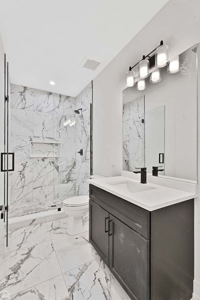 3905 N Drake Ave, Chicago, IL 60618 - bathroom with a marble finish shower, toilet, marble finish flooring, vanity, and recessed lighting