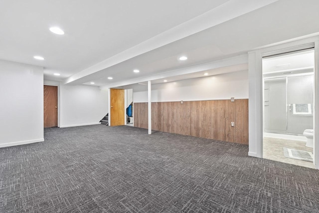 2N439 Bernice Ave, Glen Ellyn, IL 60137 - finished below grade area featuring dark colored carpet, stairway, wooden walls, a wainscoted wall, and recessed lighting