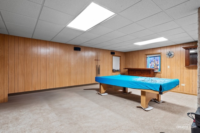 2539 Lexington Ln, Naperville, IL 60540 - recreation room featuring pool table, carpet, a paneled ceiling, and wood walls