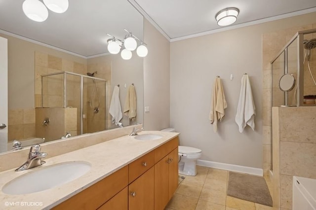201 N Westshore Dr Unit 2608, Chicago, IL 60601 - bathroom with a stall shower, crown molding, a bath, double vanity, and toilet