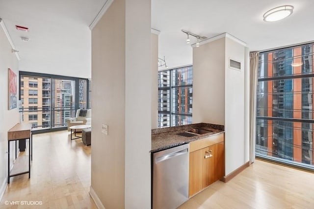 201 N Westshore Dr Unit 2608, Chicago, IL 60601 - kitchen featuring stainless steel dishwasher, baseboards, dark stone countertops, light wood-style flooring, and floor to ceiling windows