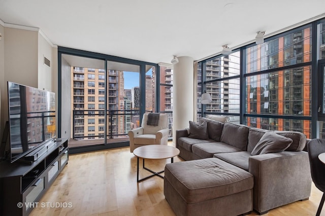201 N Westshore Dr Unit 2608, Chicago, IL 60601 - living room featuring expansive windows, a view of city, wood finished floors, and ornamental molding