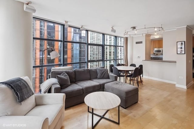 201 N Westshore Dr Unit 2608, Chicago, IL 60601 - living room featuring light wood-style flooring, baseboards, and track lighting
