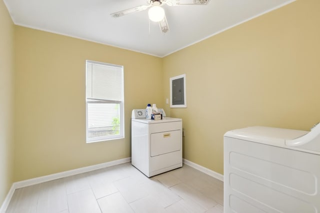 1818 W 9th St, Dixon, IL 61021 - laundry room featuring washing machine and dryer, electric panel, a ceiling fan, baseboards, and light tile patterned floors