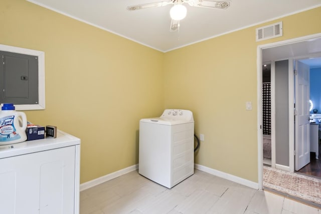 1818 W 9th St, Dixon, IL 61021 - laundry room with washer / dryer, electric panel, a ceiling fan, baseboards, and ornamental molding
