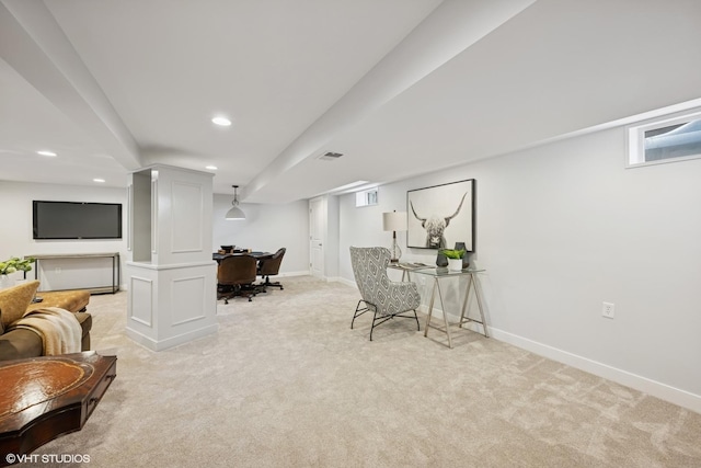 1208 N Dunton Ave, Arlington Heights, IL 60004 - living room with light carpet, baseboards, and recessed lighting