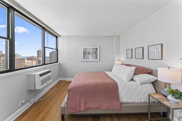 2700 N Hampden Ct Unit 24A, Chicago, IL 60614 - bedroom with a wall mounted air conditioner, wood finished floors, baseboards, and a city view