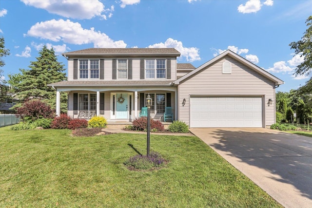 1517 Bridge Point Ln, Champaign, IL 61822 - colonial home featuring an attached garage, driveway, a porch, a front lawn, and roof with shingles