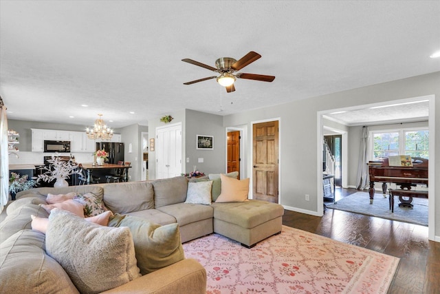 1517 Bridge Point Ln, Champaign, IL 61822 - living room with a chandelier, dark wood-style floors, ceiling fan, baseboards, and recessed lighting