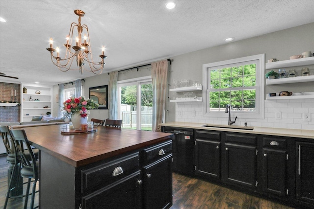 1517 Bridge Point Ln, Champaign, IL 61822 - kitchen featuring dark cabinets, a sink, dishwasher, wooden counters, and open shelves