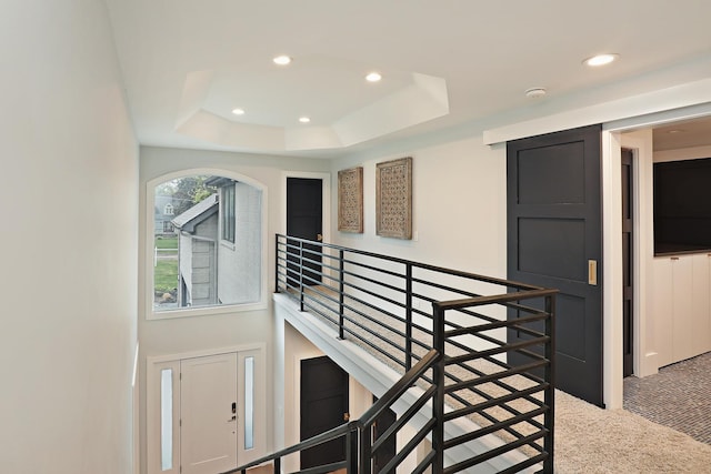 244 Kenmore Ave, Deerfield, IL 60015 - stairway featuring carpet flooring, recessed lighting, and a tray ceiling