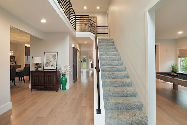 244 Kenmore Ave, Deerfield, IL 60015 - stairs featuring hardwood / wood-style floors, recessed lighting, baseboards, and pool table