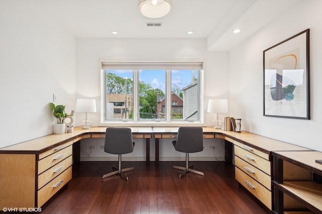 3635 N Paulina St, Chicago, IL 60613 - office with built in study area, dark wood-style flooring, and recessed lighting
