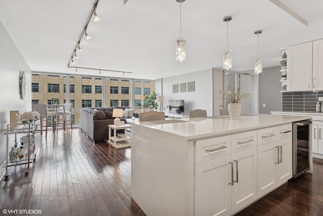 340 W Diversey Pkwy Unit 1020, Chicago, IL 60657 - kitchen with rail lighting, dark wood-style floors, wine cooler, and open shelves