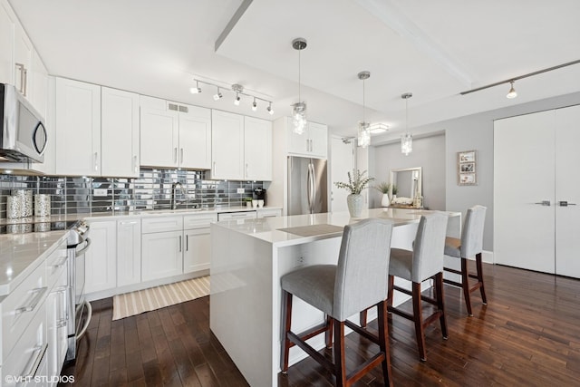 340 W Diversey Pkwy Unit 1020, Chicago, IL 60657 - kitchen with appliances with stainless steel finishes, a sink, dark wood finished floors, track lighting, and decorative backsplash