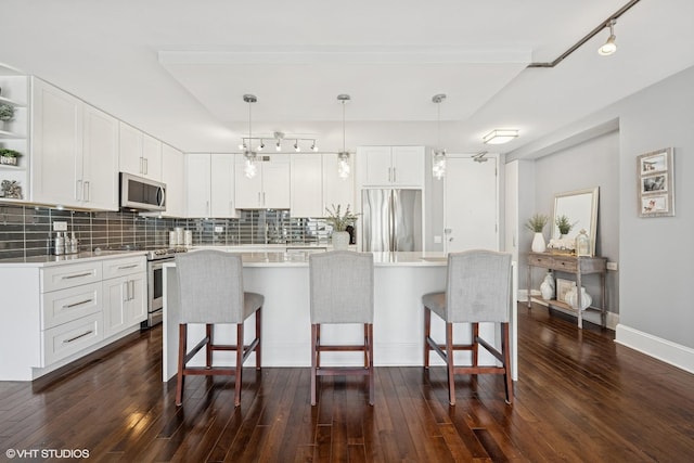 340 W Diversey Pkwy Unit 1020, Chicago, IL 60657 - kitchen featuring appliances with stainless steel finishes, open shelves, rail lighting, a breakfast bar, and backsplash