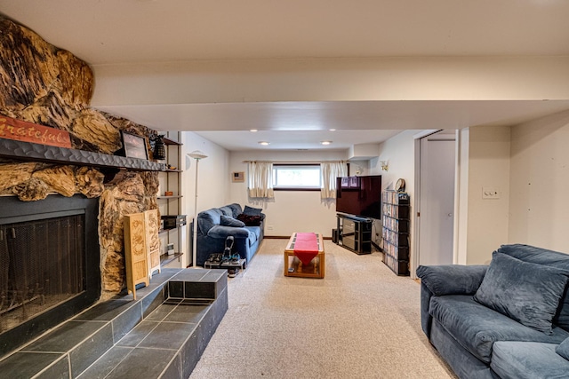 24W474 Surf Ct, Naperville, IL 60540 - carpeted living room featuring a stone fireplace and recessed lighting
