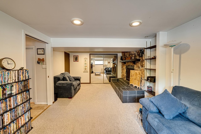 24W474 Surf Ct, Naperville, IL 60540 - living room with a tile fireplace, carpet floors, and recessed lighting