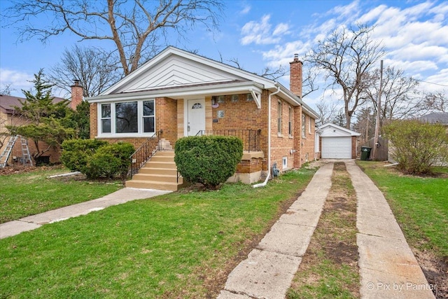 18371 Gladville Ave, Homewood, IL 60430 - bungalow-style house featuring concrete driveway, a chimney, brick siding, a front yard, and an outdoor structure