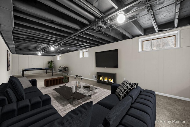 18371 Gladville Ave, Homewood, IL 60430 - carpeted living area with a warm lit fireplace, baseboards, and wood walls