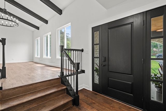 22308 S Eastcliff Dr, Joliet, IL 60404 - entrance foyer with plenty of natural light, dark wood-style floors, a chandelier, and stairway