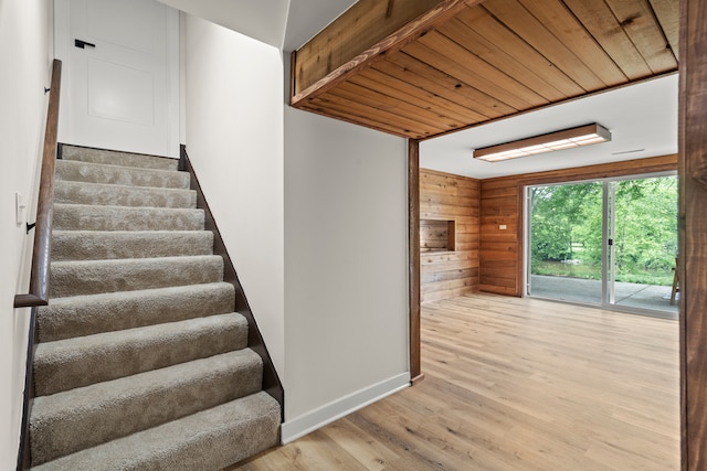 22308 S Eastcliff Dr, Joliet, IL 60404 - stairs with wood finished floors, wooden walls, and wood ceiling