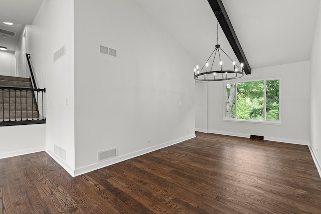 22308 S Eastcliff Dr, Joliet, IL 60404 - unfurnished dining area with a chandelier, stairs, and dark wood-style flooring