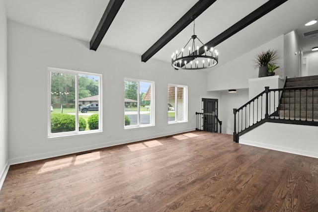 22308 S Eastcliff Dr, Joliet, IL 60404 - unfurnished living room with wood finished floors, a chandelier, and stairs
