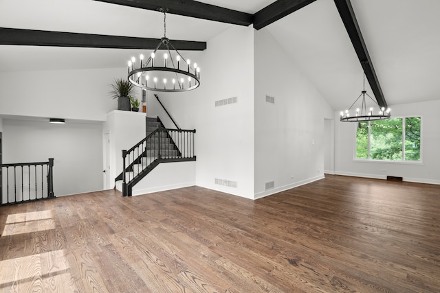 22308 S Eastcliff Dr, Joliet, IL 60404 - unfurnished dining area with a chandelier, beamed ceiling, wood finished floors, high vaulted ceiling, and stairway