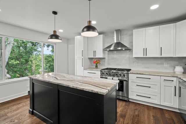 22308 S Eastcliff Dr, Joliet, IL 60404 - kitchen featuring stainless steel range, wall chimney range hood, a center island, recessed lighting, and tasteful backsplash