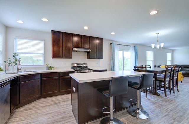 208 Cooper St, Plano, IL 60545 - kitchen with appliances with stainless steel finishes, under cabinet range hood, a sink, light wood-style flooring, and a kitchen bar