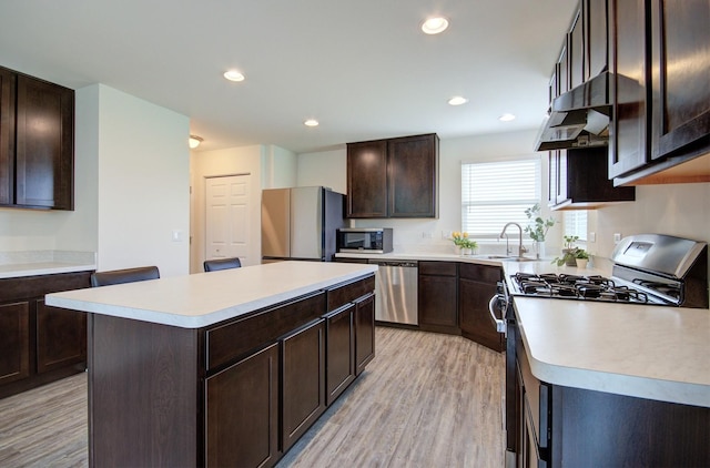 208 Cooper St, Plano, IL 60545 - kitchen featuring appliances with stainless steel finishes, under cabinet range hood, a sink, dark brown cabinetry, and light wood-style flooring