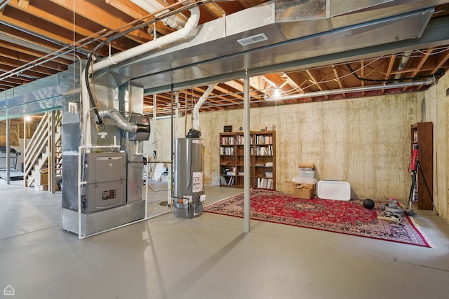 3404 Royal Woods Dr, Crystal Lake, IL 60014 - unfinished basement featuring gas water heater, heating unit, and stairs