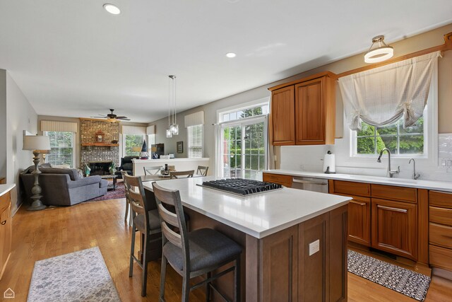 3404 Royal Woods Dr, Crystal Lake, IL 60014 - kitchen with a ceiling fan, appliances with stainless steel finishes, plenty of natural light, a fireplace, and recessed lighting
