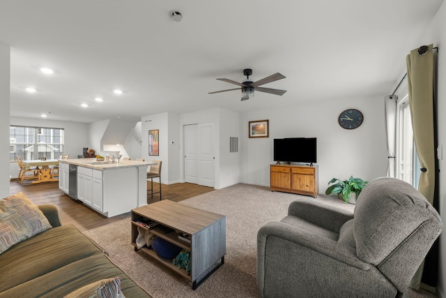846 Briar Glen Ct, Hampshire, IL 60140 - living room featuring recessed lighting, a ceiling fan, baseboards, and dark wood-type flooring