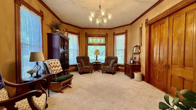 403 E Hickory St, Fairbury, IL 61739 - sitting room with carpet, a chandelier, and crown molding