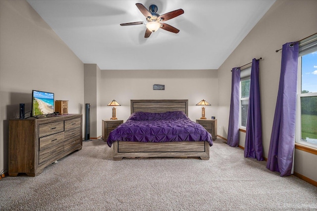 1508 Parkside Dr, Plainfield, IL 60586 - bedroom featuring light carpet, baseboards, lofted ceiling, and a ceiling fan