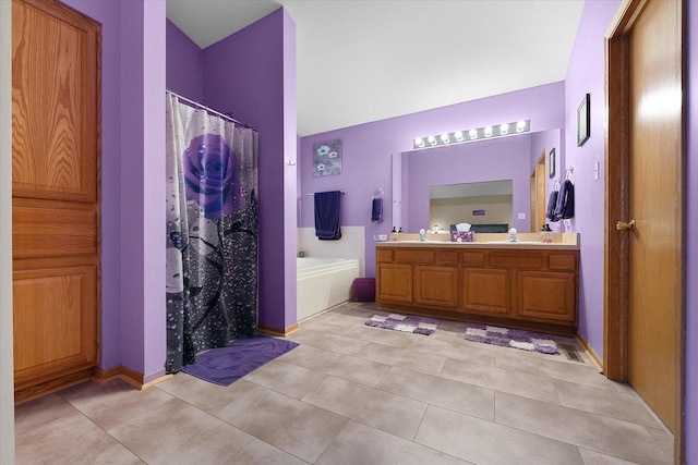 1508 Parkside Dr, Plainfield, IL 60586 - full bath featuring a bath, double vanity, tile patterned flooring, and curtained shower