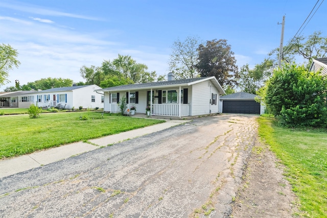 1011 Cypress Ln, Joliet, IL 60435 - ranch-style home featuring a porch, an outbuilding, a garage, a front lawn, and a chimney